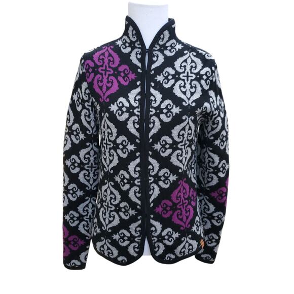 NEVE Geometric Wool Cardigan Jacket Hook Eye Notched Back Black Gray Purple Sz S - Picture 1 of 16